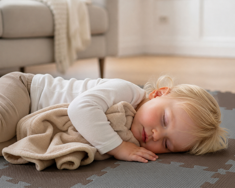 Ein Kleinkind schläft auf einer Puzzlematte aus Schaumstoff mit einer Kuscheldecke in einem Wohnzimmer.