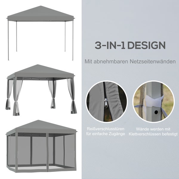 Outsunny Pavillon ca.3x3m, wasserabweisend Stabil Winterfest Pop-up Faltpavillon mit UV Schutz, Faltbar Partyzelt Gartenzelt mit 4 Seitenteilen, Tasche Gartenpavillon für Camping Garten, Hellgrau