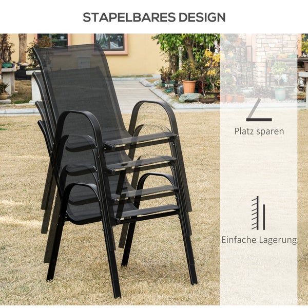 Outsunny 2er Set Gartenstuhl Stapelstuhl mit Armlehne Essstühle Garten Metall Mesh-Gewebe Schwarz 70 x 54 x 90 cm