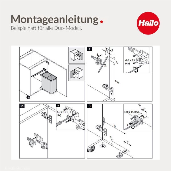 Montageanleitung für Hailo Duo Abfalltrennsysteme mit Zeichnungen zur Installation in einem Küchenschrank. Hailo Logo.