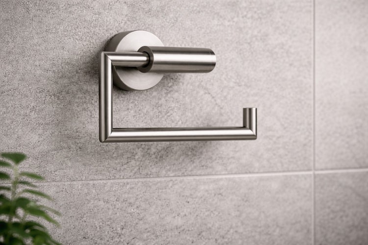 Wandmontierter Toilettenpapierhalter aus gebürstetem Edelstahl an einer gefliesten Badezimmerwand.