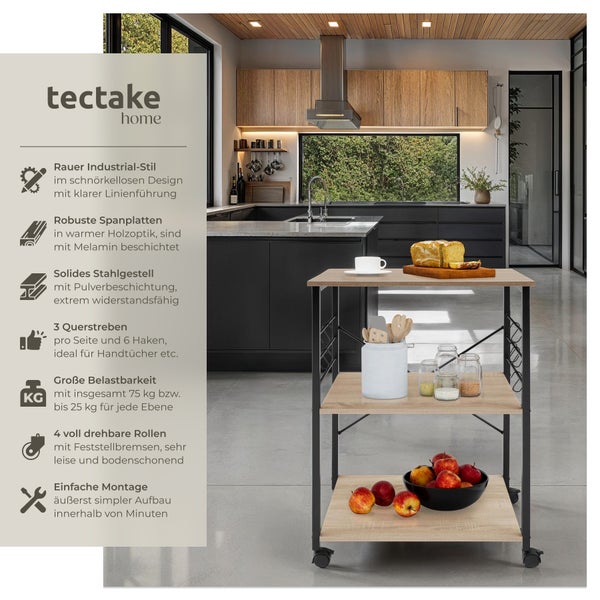 Servierwagen tectake Rugby inklusive 6 Haken, 65,5 x 45,5 x 88,5 cm Industrial Style Industrial Holz hell, Eiche Sonoma