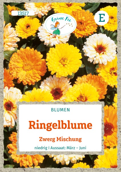 Samentüte für Ringelblume Zwerg Mischung von Grüne Fee Logo, Aussaat von März bis Juni, niedrig wachsende Blumen.
