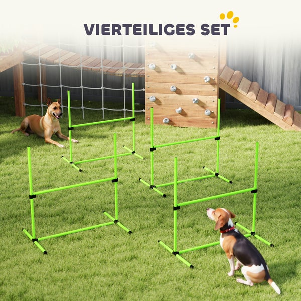 Organisiertes vierteiliges Hunde-Agility-Hürdenset aus Kunststoff auf einer hellen Rasenfläche mit zwei Hunden und Klettergerüst aus Holz.