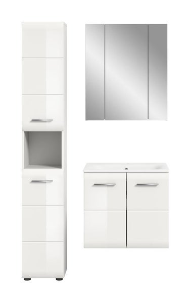 Badezimmermöbel-Set in Weiß Hochglanz mit Waschbeckenunterschrank, Waschbecken, Spiegelschrank und Hochschrank.