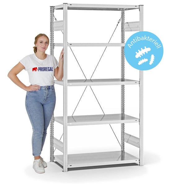 PROREGAL Antibakterielles Fachbodenregal Stecksystem T-Profil HxBxT 200 x 100 x 50 cm 5 Ebenen Traglast 140 kg Antibakterielle Beschichtung Weiß
