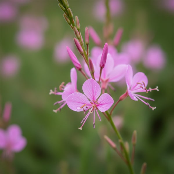 Prachtkerze Gaura lindheimeri mit rosa Blüten und Knospen an einem schlanken Stängel.