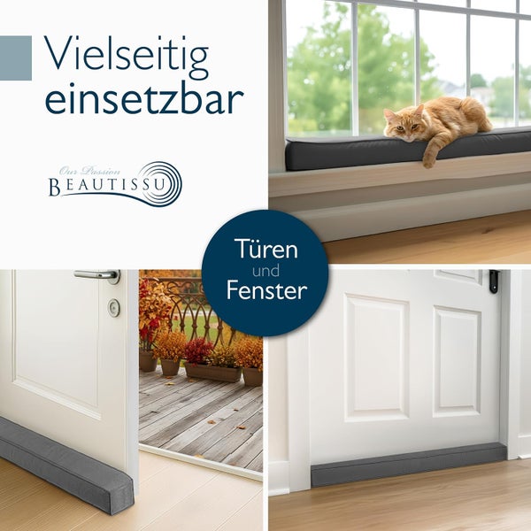 Collage eines Zugluftstoppers für Fenster und Türen in verschiedenen hellen Wohnbereichen, Beautissu Logo.