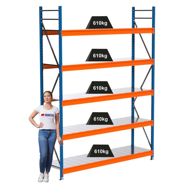 Hochregal mit fünf Regalböden und einer Traglast von 610 Kilogramm pro Boden.