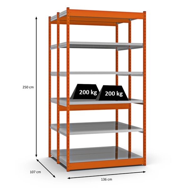 PROREGAL Fachbodenregal Stecksystem Vierkant-Profil Grundregal HxBxT 250 x 132,5 x 50 cm 2x6 Ebenen Doppelseitige Bauart Fachlast 200 kg Orange