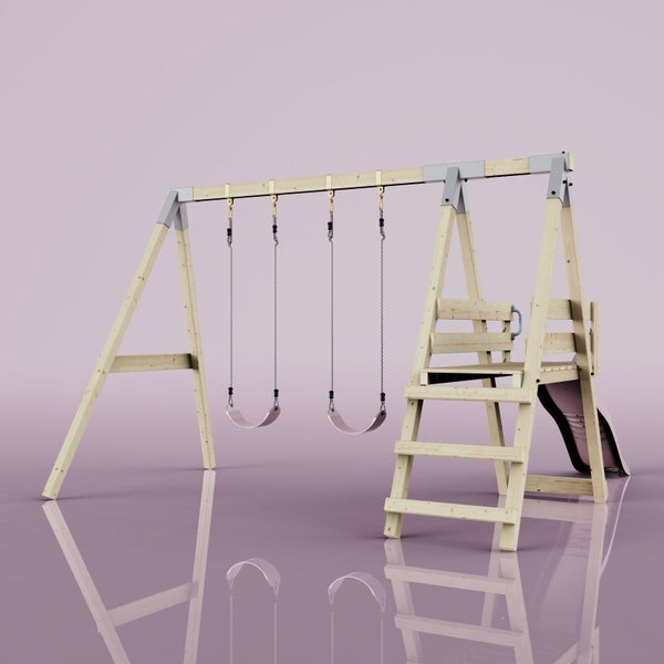 Kinderschaukel aus Holz mit zwei Schaukelsitzen, einer Leiter, einem Podest und einer Rutsche.