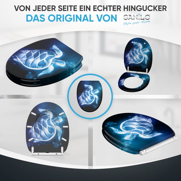 Mehrere Ansichten eines WC-Sitzes mit Schildkrötenmotiv der Marke Sanilo