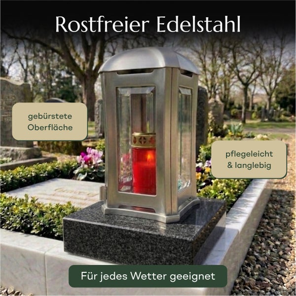 Grablampe aus rostfreiem Edelstahl mit gebürsteter Oberfläche für die Friedhofsgestaltung.