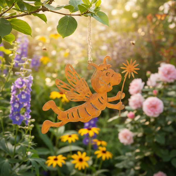 Gartenfigur aus Metall mit Rost-Patina in Form einer Biene mit Blume, hängend an einem Ast in einem bunten Blumengarten.