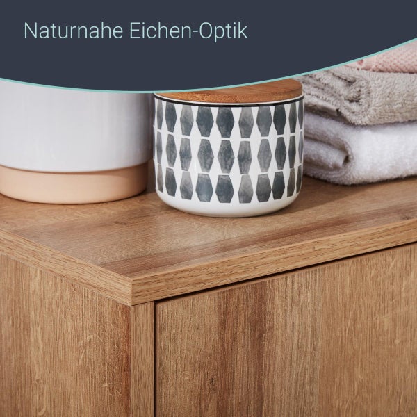 FACKELMANN FINN Badmöbel Set 2 Teile / Doppel-Midischrank mit Push-to-Open fürs Bad / 4 Holzfüße / Badschrank mit 2 Türen / Korpus & Front: Braun hell / Rahmendekor & Füße: Braun hell / Breite: 60 cm