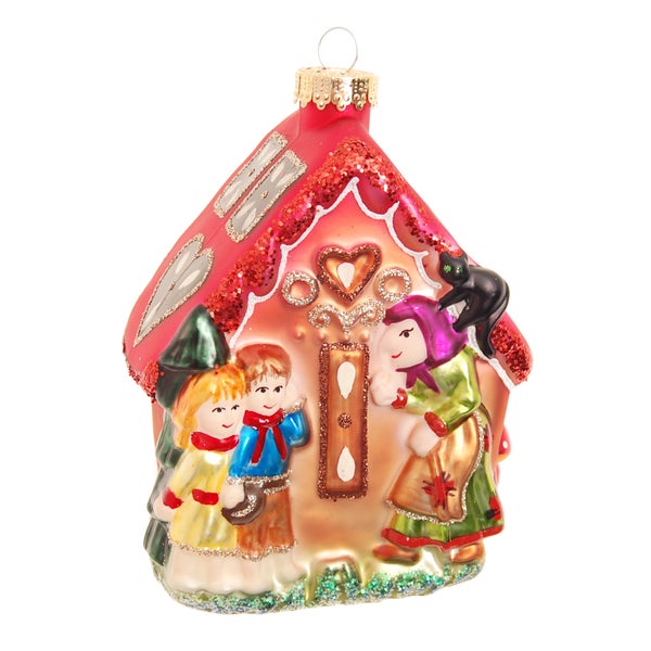 Glasornament Lebkuchenhaus mit Hexe, Hänsel & Gretel, Multicolor, 13cm, 1 Stck., Weihnachtsbaumkugeln, Christbaumschmuck, Weihnachtsbaumanhänger