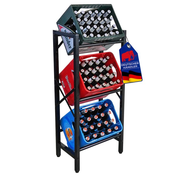 Getränkeregal mit vollen Getränkekisten und Händlersiegel