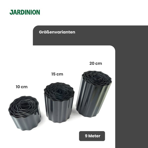 Produktvarianten der Rasenkante in verschiedenen Größen: 10 cm, 15 cm und 20 cm, jeweils 9 Meter lang.