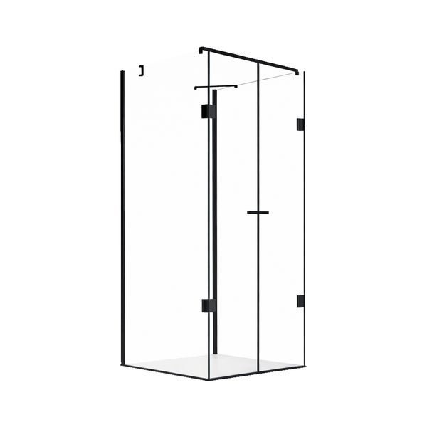 Eckdusche aus Klarglas mit schwarzen Profilen und Scharnieren, bestehend aus Seitenwand und Drehtür.