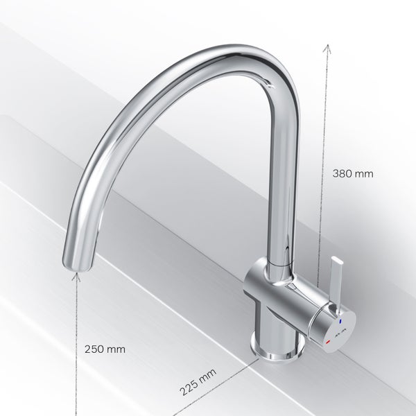 Küchenarmatur mit den Maßen 380 mm Höhe, 250 mm Ausladung und 225 mm Sockelbreite.
