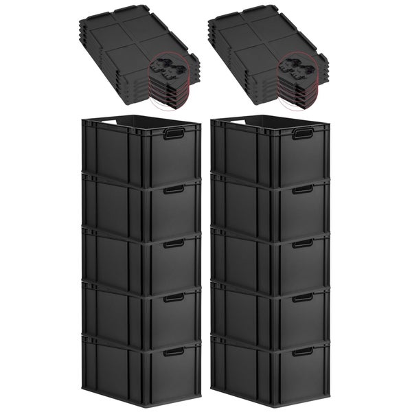 PROREGAL SuperSparSet 10x Eurobox NextGen Color mit Scharnierdeckel und Schiebeschnappverschlüssen, HxBxT 32x40x60cm, 65 Liter, Schwarz, Griffe schwarz offen, Verstärkter Boden, Eurobehälter, Transportbox, Transportbehälter, Stapelbehälter