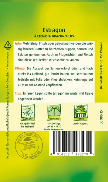 Rückseite einer Samentüte für Estragon mit Informationen zu Aussaat, Keimung, Erntezeitraum, Pflegehinweisen und Verwendungstipps für die Pflanze.