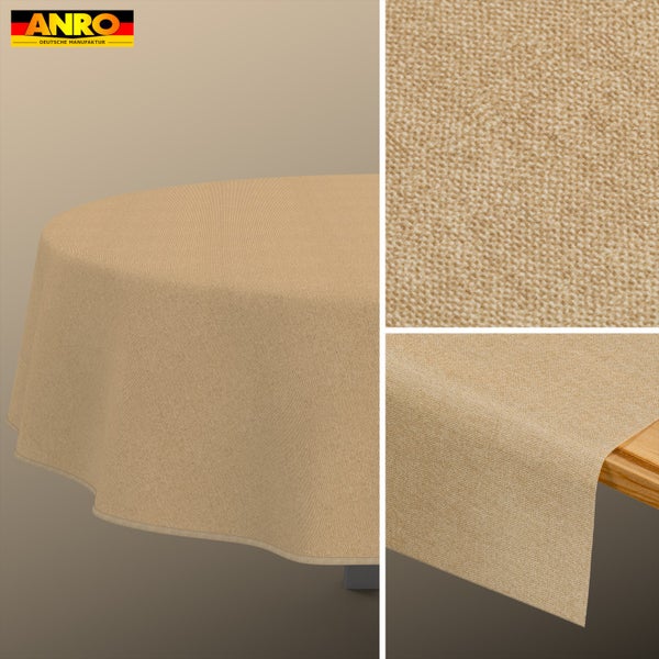 ANRO Tischdecke beige mit Webstruktur, Ansicht auf rundem Tisch, Tischkante und Materialdetail, inklusive ANRO Logo.