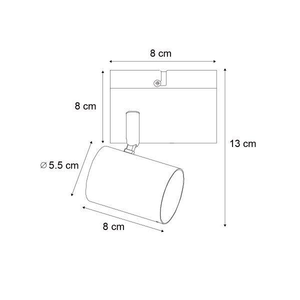 Abbildung der Abmessungen einer Wandleuchte: 8 cm x 8 cm Sockel und 5,5 cm x 8 cm Strahlerkopf, Gesamthöhe 13 cm.