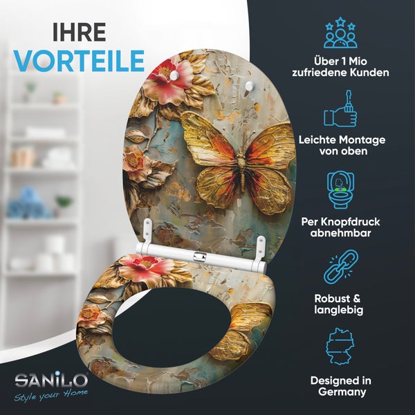 Sanilo WC Sitz mit Schmetterling und Blumen Motiv inklusive Montagevorteilen und Produktmerkmalen auf einer Infografik dargestellt.