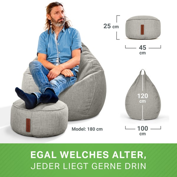 Green Bean 2er Set Indoor XXL Sitzsack + Hocker mit EPS-Perlen Füllung - Fußhocker Fußkissen Sitz-Pouf Bodenkissen Liegekissen Sitzkissen Lounge Chair Sitzhocker Relax-Sessel Bean Bag Silber Grau