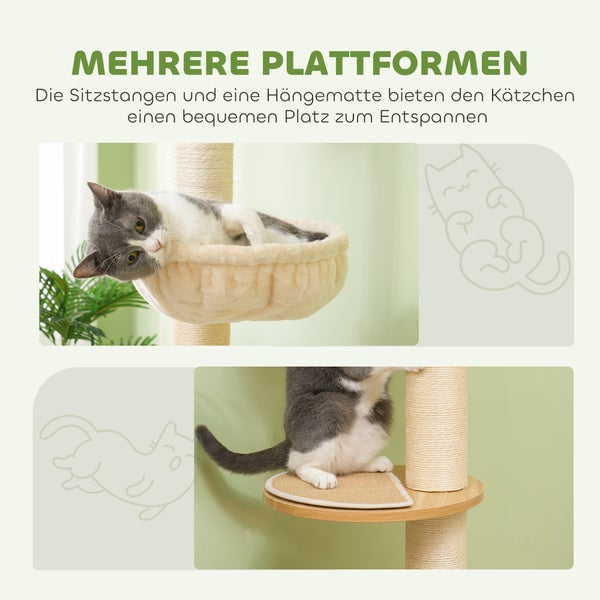 PawHut Kratzbaum, Katzenkratzbaum Deckenhoch, 230-250 cm, Kletterbaum mit Hängematte, Katzenbaum Höhenverstellbar, Spielbaum mit Kippschutz, Plüsch, Eiche+Cremeweiß