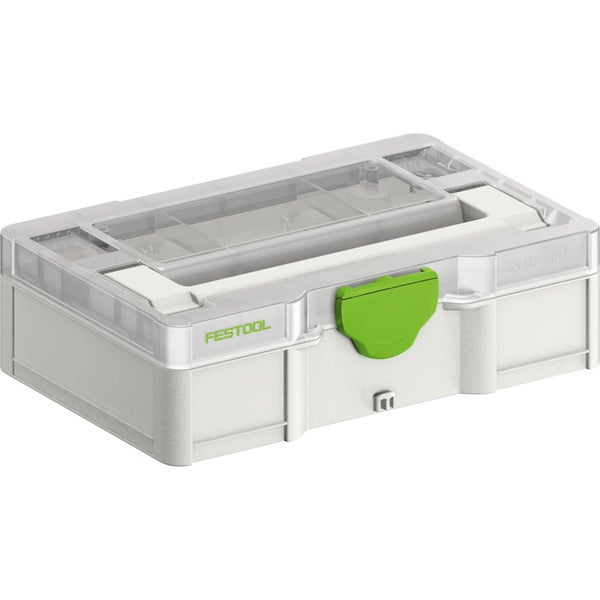 Festool Systainer Organiser mit transparentem Deckel und grünem Verschluss für Werkzeuge und Kleinteile.