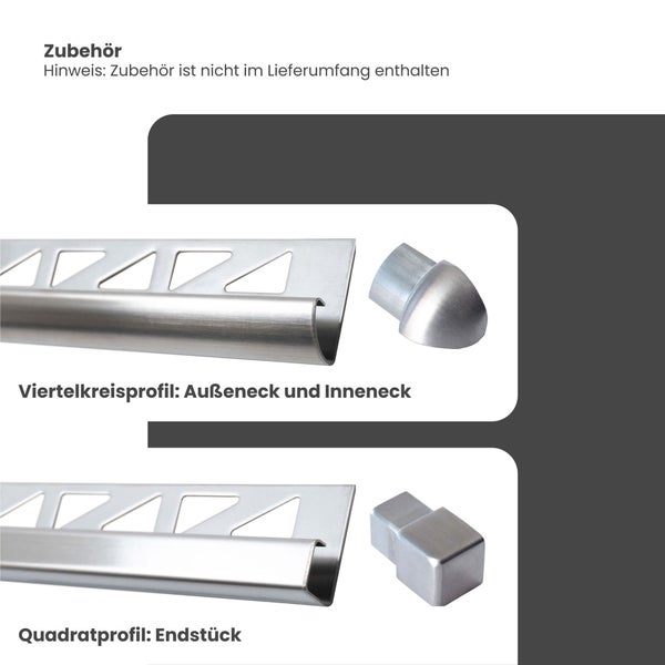 Zubehör für Fliesenschienen: Viertelkreisprofil mit Außeneck und Inneneck sowie Quadratprofil mit Endstück aus Metall.