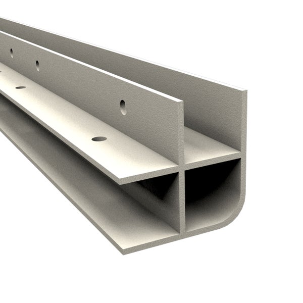 Strukturiertes graues Fliesenprofil mit abgerundeter Kante und Befestigungslöchern.