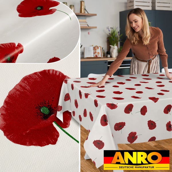 Abwaschbare Tischdecke mit Mohnblumen auf Küchentisch, Frau glättet Stoff, Detailansicht Struktur, ANRO Deutsche Manufaktur Logo.
