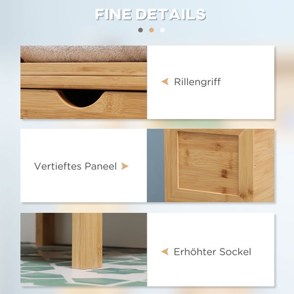 kleankin Badezimmerschrank Badschrank Aufbewahrungsschrank mit Kippschutz aus Bambus, Unterschrank mit 2 Schubladen, Lanfhausstil Beistellschrank, Naturholz, 30 x 30 x 140 cm