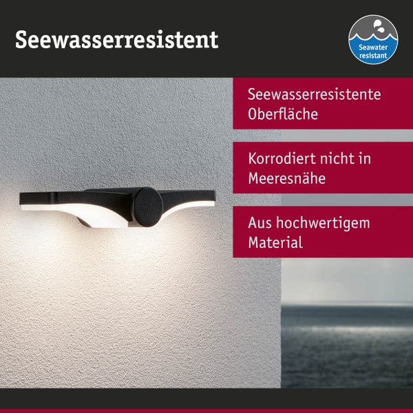Außenwandleuchte, seewasserresistent, korrodiert nicht in Meeresnähe, aus hochwertigem Material. Symbol für Seewasserbeständigkeit.