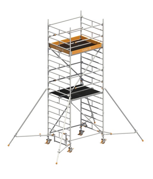 Layher Fahrgerüst mit zwei Plattformen und Stabilisatoren