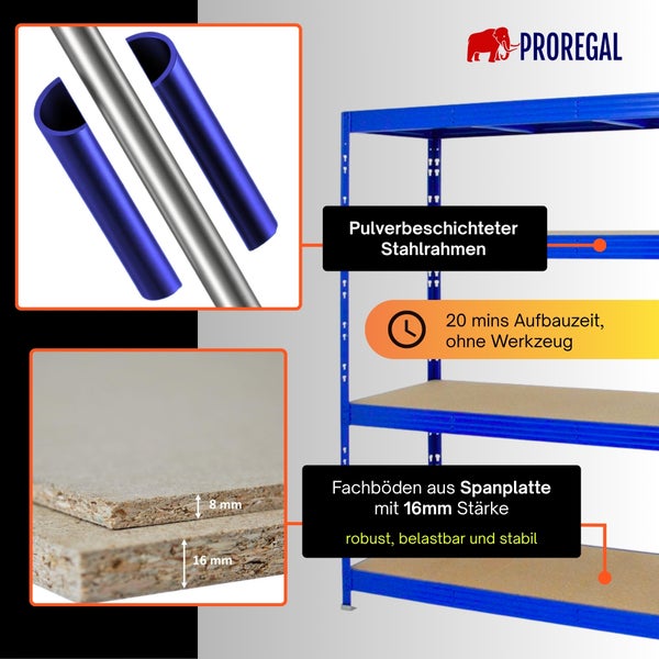 PROREGAL Logo. Regal mit pulverbeschichtetem Stahlrahmen, 16 Millimeter starken Spanplattenböden und werkzeugloser Montage in circa 20 Minuten.