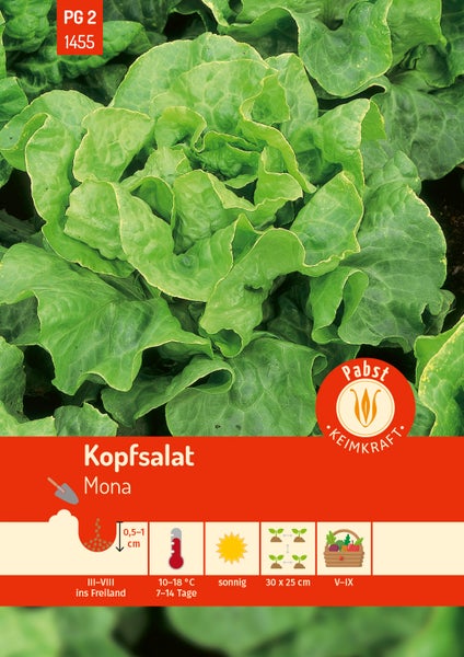 Samentüte Kopfsalat Mona, Pabst Keimkraft Logo, Pflanzsymbole für Aussaat von März bis August, Ernte von Mai bis September, sonniger Standort.
