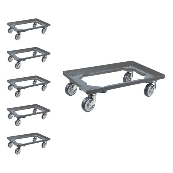 PROREGAL SparSet 6x Transportroller für Euroboxen 60 x 40 cm mit Gummiräder Grau Offenes Deck 2 Lenkrollen und 2 Bockrollen Traglast 300 kg