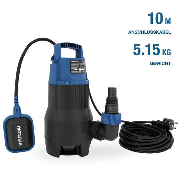 Hyundai Schmutzwasser-Tauchpumpe mit Schwimmerschalter, 10 Meter Anschlusskabel und einem Gewicht von 5,15 Kilogramm.