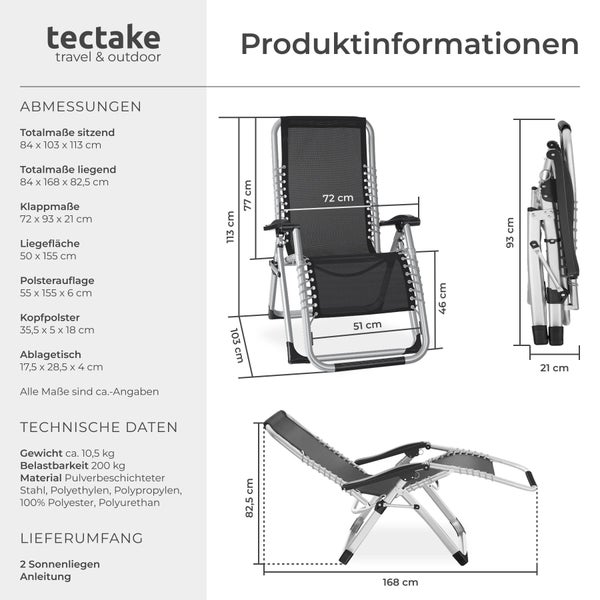 Produktinformationen zu Abmessungen und technischen Daten der Sonnenliege