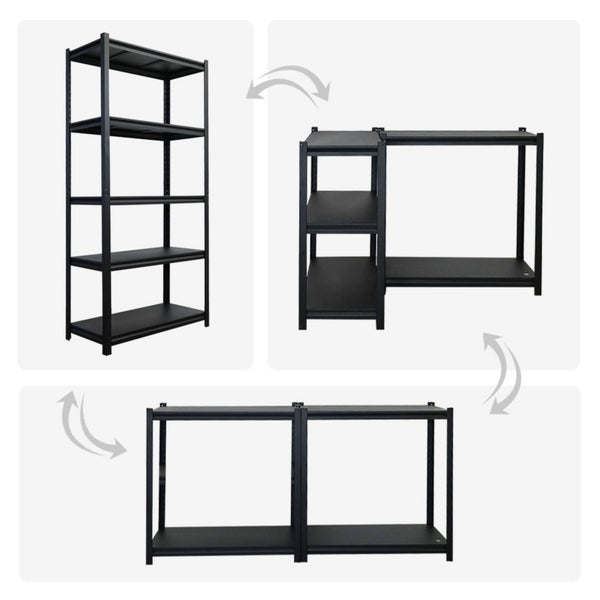 Mehrfachansicht des flexiblen Schwerlastregalsystems mit Metallrahmen und verstellbaren Regalböden