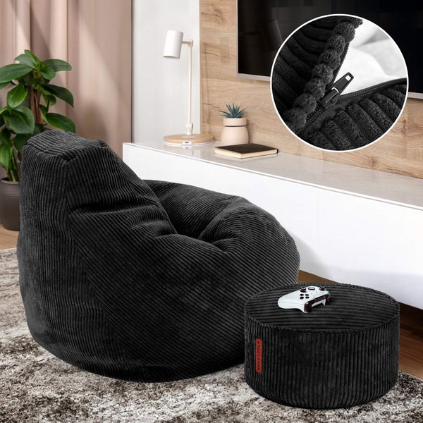 Green Bean Sitzsack mit Hocker aus Cord - Sitzsäcke für das Wohnzimmer, Schlafzimmer, Sitzsack-Sessel für Erwachsene Schwarz
