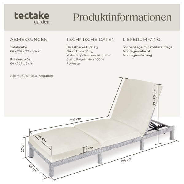 Rattan Sonnenliege tectake Sofia 196 x 66 x 27 cm widerstandsfähig hellgrau