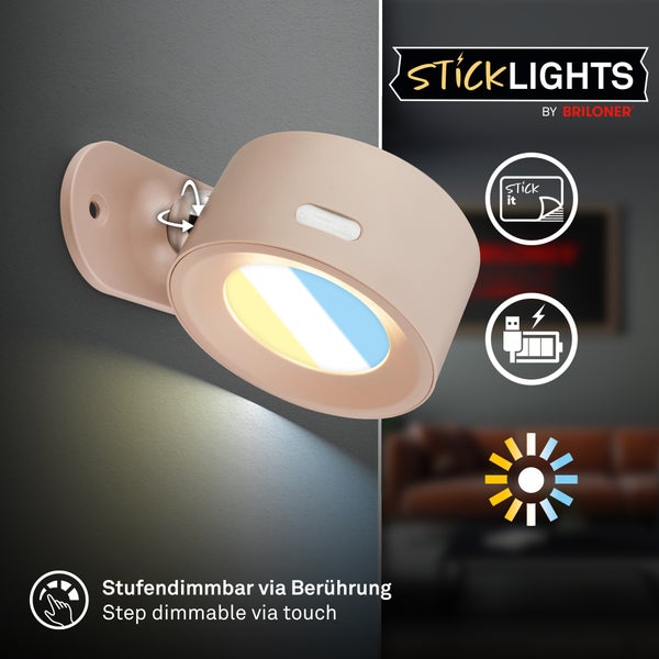 Sandfarbene runde LED-Wandleuchte StickLight von Briloner, stufendimmbar per Berührung, USB-aufladbar, einstellbare Farbtemperatur, einfache Montage.