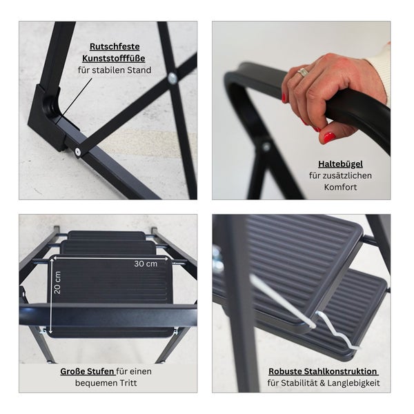 Details einer Stahl-Klappleiter mit rutschfesten Kunststofffüßen, Haltebügel und großen Stufen mit den Maßen 30 mal 20 Zentimeter.