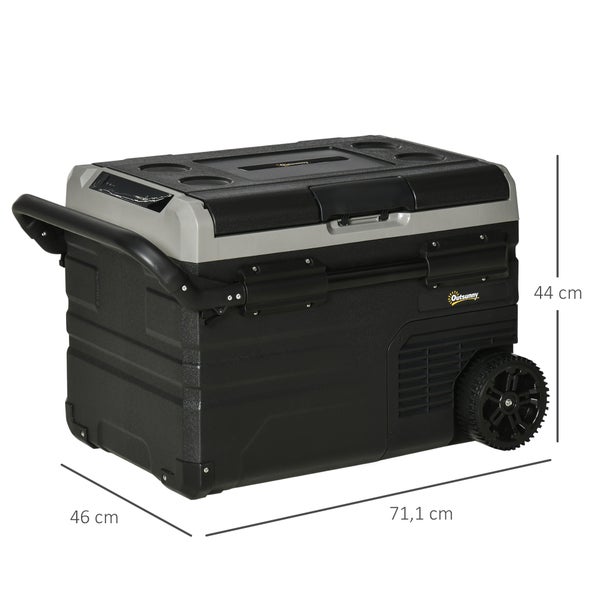 Outsunny elektrische Kühlbox mit Rollen und Griff, Maße 71,1 Zentimeter Länge, 44 Zentimeter Höhe und 46 Zentimeter Breite, schwarz und grau.