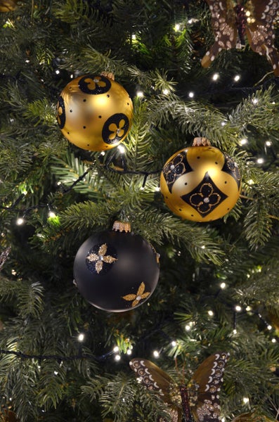 Gold & Schwarz, 3-er Set, stilisierte Blumen, Strasssteine, 8cm, 3 Stck., Weihnachtsbaumkugeln, Christbaumschmuck, Weihnachtsbaumanhänger